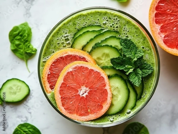 Obraz Refreshing Green Smoothie Bowl With Grapefruit and Cucumber Slices