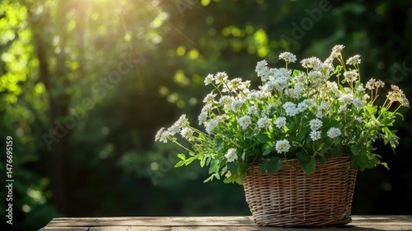 Obraz Rustic Bouquet of Meadow Flowers in Wicker Basket on Garden Table