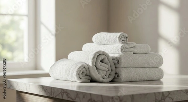 Fototapeta Soft and Cozy White Towels Stacked Neatly on a Marble Surface in a Bright Room with Natural Light Glimmering Through Windows