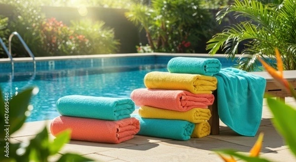 Fototapeta Colorful towels neatly arranged by a sparkling blue poolside surrounded by vibrant tropical plants, creating a relaxing summer atmosphere