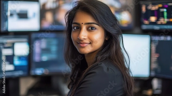 Obraz South Indian Tech Woman Creates Transparent Multi-Monitor Setup