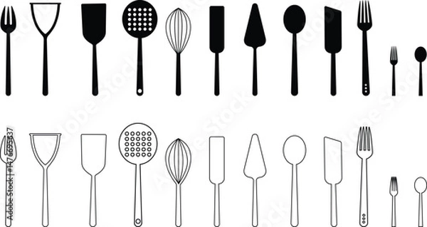 Fototapeta kitchen tools icon set. Kitchenware collection flat and line vector isolated transparent . Lots of kitchen tools utensils cutlery. Web page design template Poster banner web UI mobile phone apps.