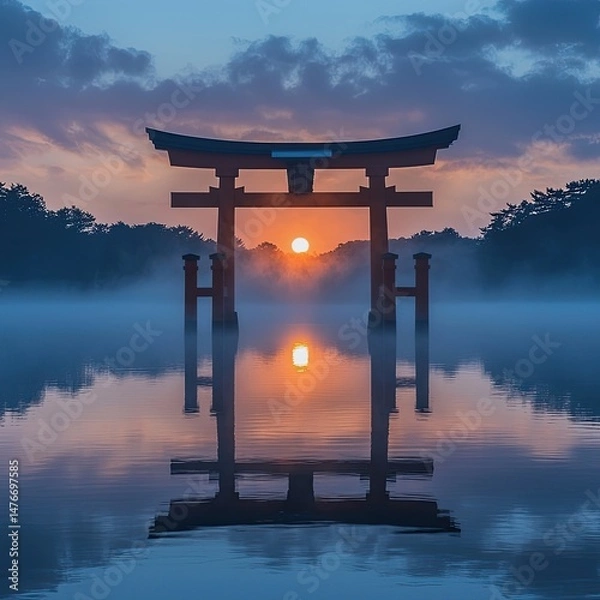 Fototapeta Red torii gate standing in calm water during sunrise, mist rising from lake and trees silhouetted in distance. Generative by AI.