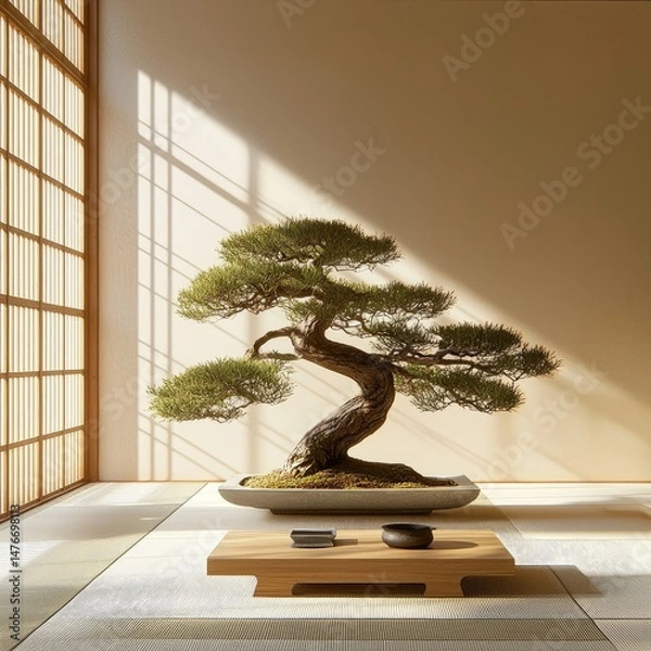 Fototapeta Bonsai tree displayed in modern glass-walled room, standing on low wooden platform with moss base, sunlight entering from outside. Generative by AI.