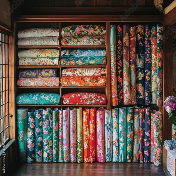 Fototapeta Shelves filled with colorful folded and rolled kimono fabrics arranged by color and pattern inside a traditional Japanese wooden room. Generative by AI.