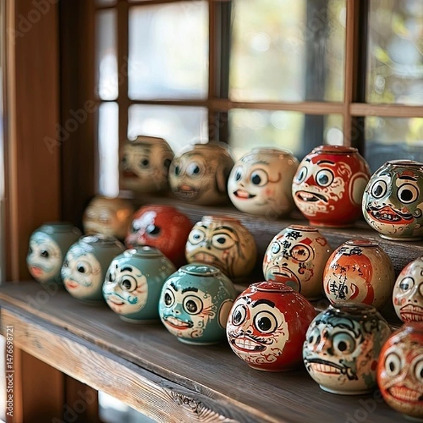 Fototapeta Wooden shelves holding multiple rows of traditional Daruma dolls with varied facial expressions in a bright room with window light. Generative by AI.
