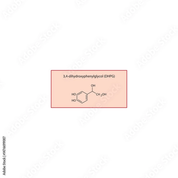 Fototapeta 3,4-dihydroxyphenylglycol (DHPG) skeletal structure. Noradrenaline metabolite compound schematic illustration. Simple diagram, chemical formula.