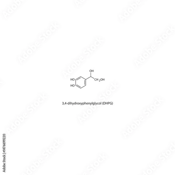 Fototapeta 3,4-dihydroxyphenylglycol (DHPG) skeletal structure. Noradrenaline metabolite compound schematic illustration. Simple diagram, chemical formula.