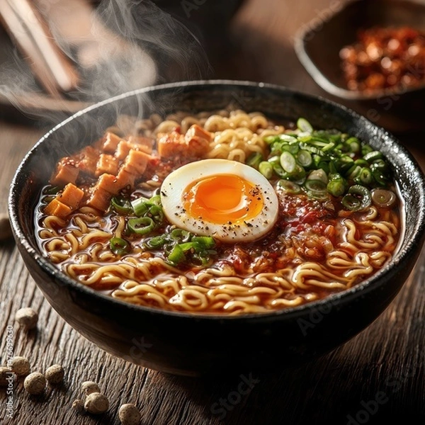 Fototapeta Bowl of steaming ramen topped with soft-boiled egg, green onions, seaweed, and spicy minced meat on a wooden table. Generative by AI.