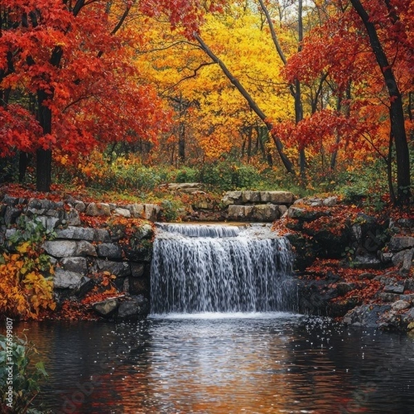 Fototapeta Waterfall cascading over stone ledge into calm pond surrounded by autumn forest with red, orange, and yellow leaves. Generative by AI.
