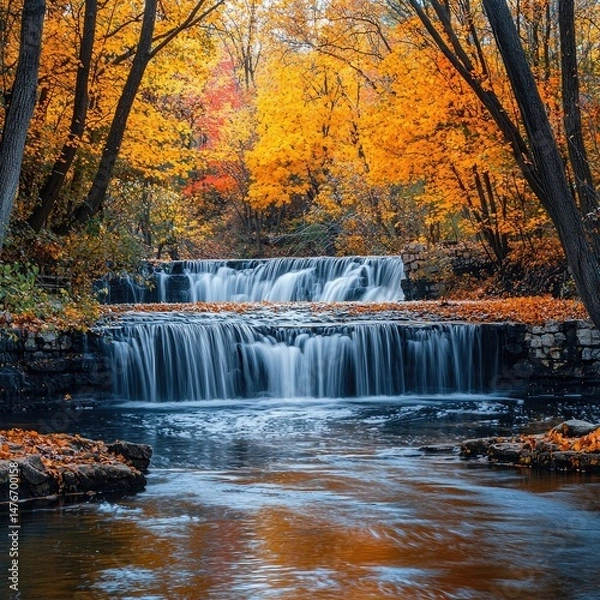 Fototapeta Waterfall cascading over stone ledge into calm pond surrounded by autumn forest with red, orange, and yellow leaves. Generative by AI.