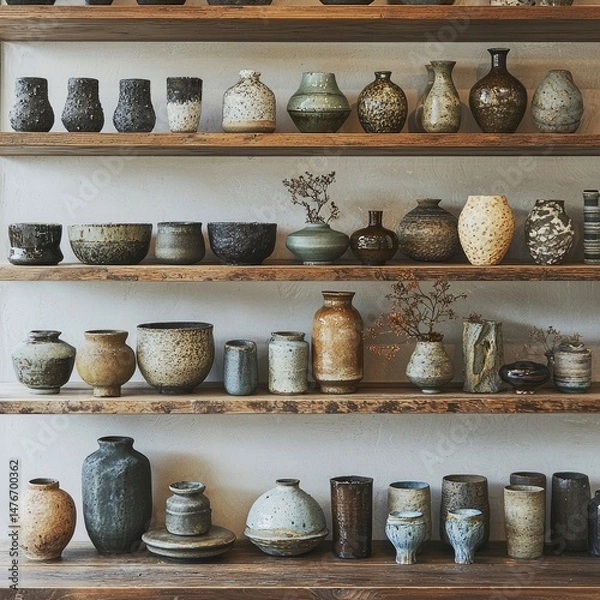Fototapeta Wooden shelves displaying assorted handcrafted ceramic pottery including bowls, jars, cups, and vases in various shapes and glazes. Generative by AI.