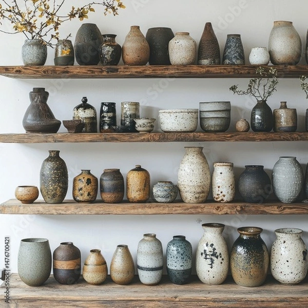 Fototapeta Wooden shelves displaying assorted handcrafted ceramic pottery including bowls, jars, cups, and vases in various shapes and glazes. Generative by AI.