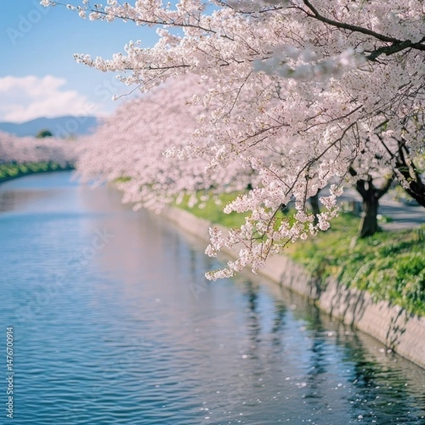 Fototapeta Cherry blossom trees in full bloom arching over a calm river canal lined with greenery and walls on both sides. Generative by AI.
