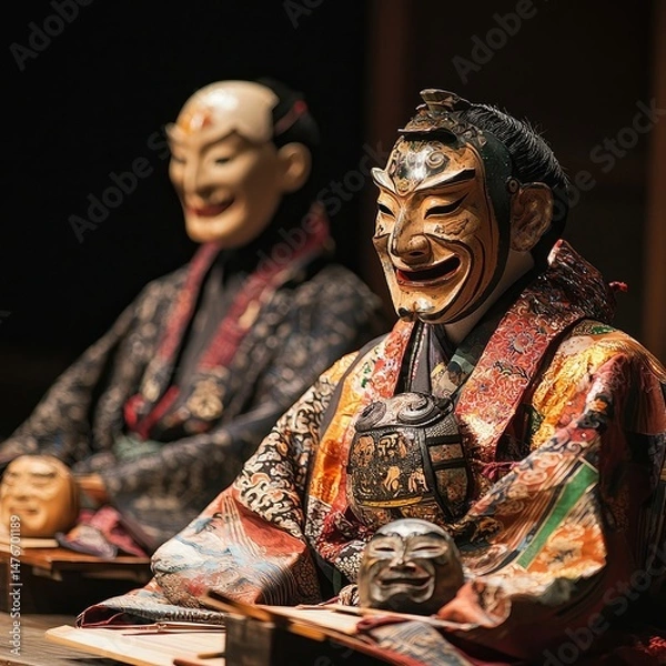 Fototapeta Three performers in ornate kimonos and traditional wooden masks seated on a stage floor in a dark theater setting. Generative by AI.