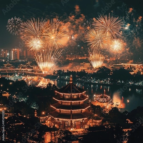 Fototapeta Fireworks exploding above a city skyline with river, tall buildings, and traffic trails during evening celebration. Generative by AI.