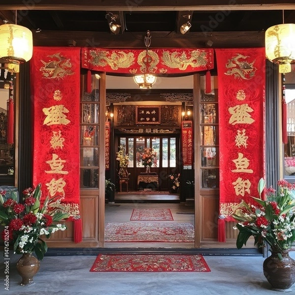 Fototapeta Entrance of a traditional Chinese building decorated with red banners, hanging lanterns, and intricate carvings during a festive occasion. Generative by AI.
