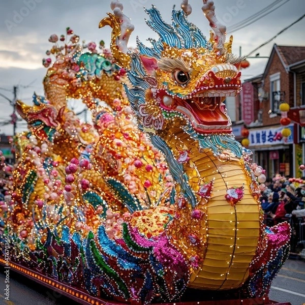 Fototapeta Vibrant parade float with colorful dragon and floral decorations moving past traditional architecture during a celebration. Generative by AI.