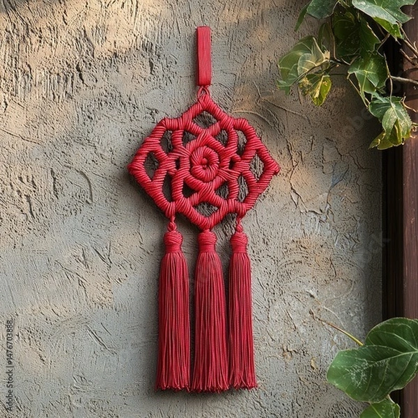 Fototapeta Decorative Chinese knot made of red cord hanging on a textured wall inside a traditional setting. Generative by AI.
