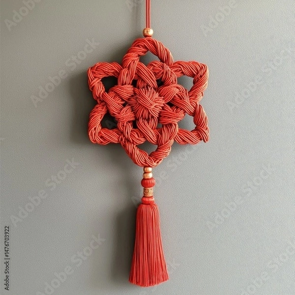 Fototapeta Decorative Chinese knot made of red cord hanging on a textured wall inside a traditional setting. Generative by AI.