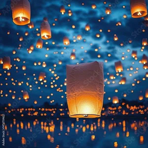 Fototapeta Thousands of glowing lanterns float into the twilight sky above a crowd gathered on a beach during a lantern release event. Generative by AI.