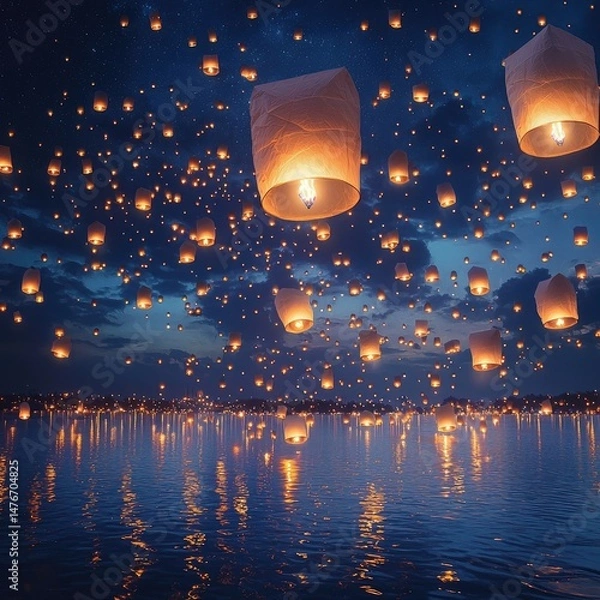 Fototapeta Thousands of glowing lanterns float into the twilight sky above a crowd gathered on a beach during a lantern release event. Generative by AI.