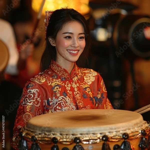Fototapeta People in matching orange traditional outfits play large drums during an outdoor cultural performance. Generative by AI.