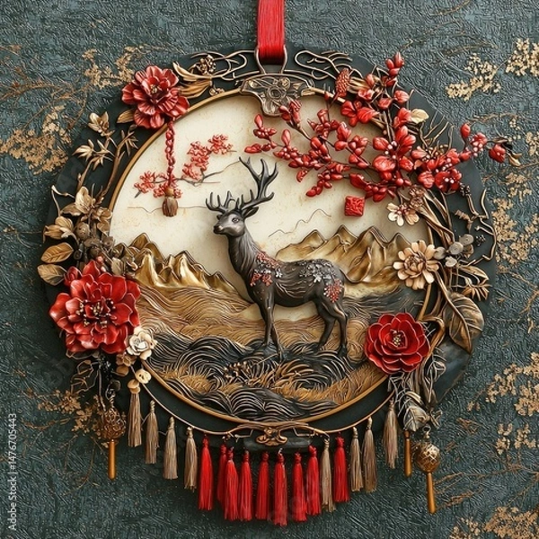 Fototapeta Red decorative plate with lion motif displayed on ornate wooden stand in interior with red lanterns and festive decor. Generative by AI.