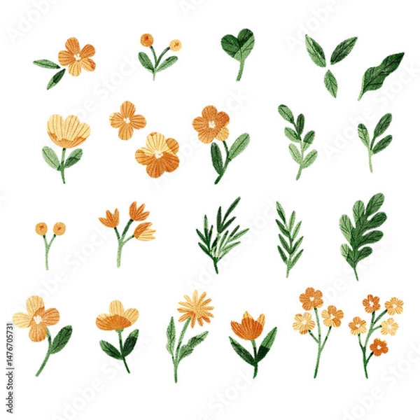 Obraz Collection of orange watercolor flowers and branches. Cute stylized flowers set, tiny florals, wild flowers, ferns, leaves, lush foliage, greenery. Botanical illustration elements.