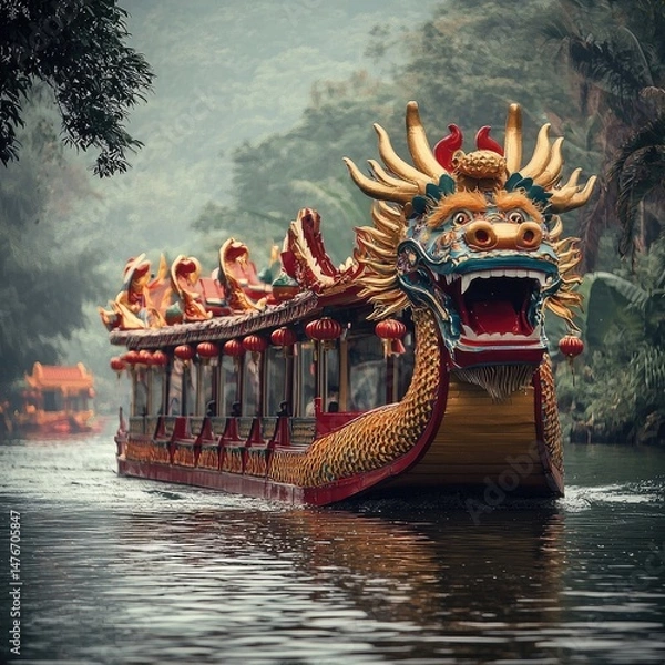 Fototapeta Ornate dragon-shaped boat sails through water, decorated with gold scales and red lanterns, splashing as it moves. Generative by AI.