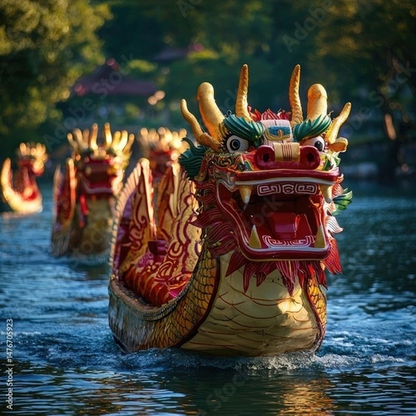 Fototapeta Ornate dragon-shaped boat sails through water, decorated with gold scales and red lanterns, splashing as it moves. Generative by AI.