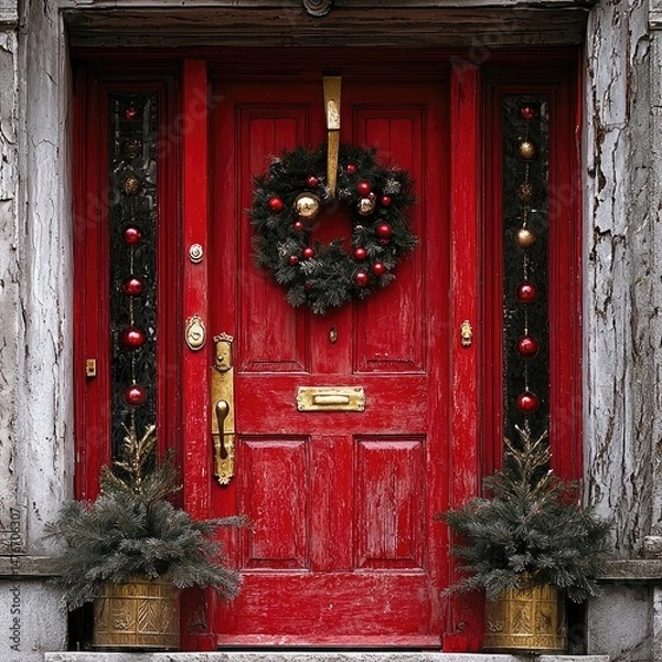 Fototapeta Red double doors decorated with pine garlands, baubles, and wreaths with lights, framed by stone walls and flanked by evergreen shrubs. Generative by AI.