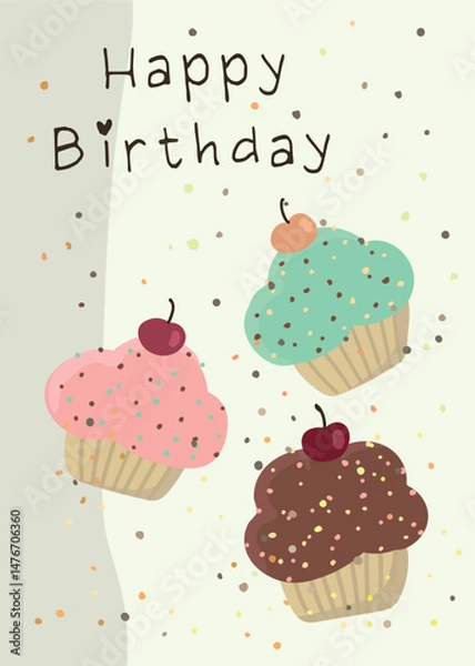 Fototapeta Happy birthday with gold confetti and cupcakes 5