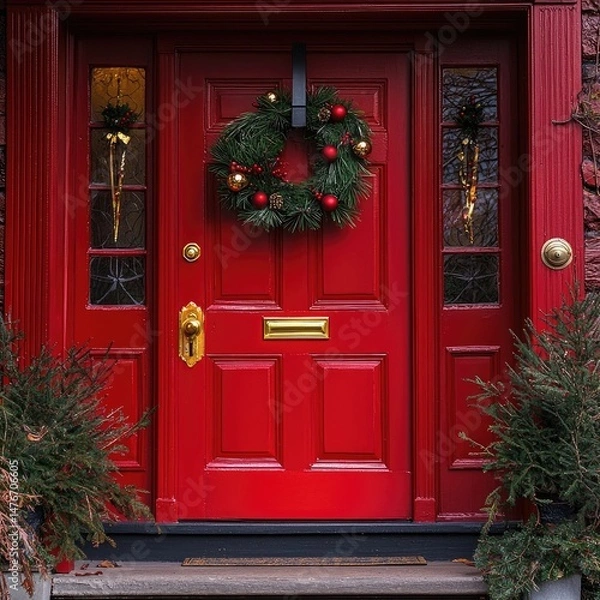 Fototapeta Red double doors decorated with pine garlands, baubles, and wreaths with lights, framed by stone walls and flanked by evergreen shrubs. Generative by AI.