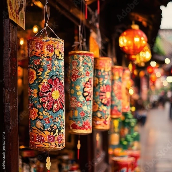 Fototapeta Cylindrical hanging lanterns with floral patterns in red and teal suspended under wooden eaves of a street market. Generative by AI.