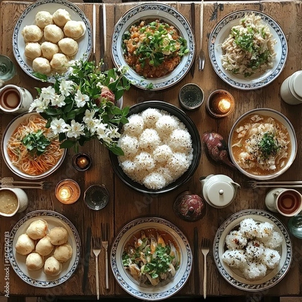 Fototapeta Wooden table set with assorted Asian dishes including sushi, rice, vegetables, and candles, under warm indoor lighting with cherry blossoms. Generative by AI.