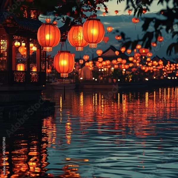 Fototapeta Red lanterns reflected in water hang from traditional riverside buildings at dusk, creating a glowing trail. Generative by AI.