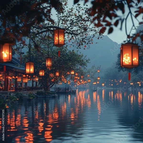 Fototapeta Red lanterns reflected in water hang from traditional riverside buildings at dusk, creating a glowing trail. Generative by AI.