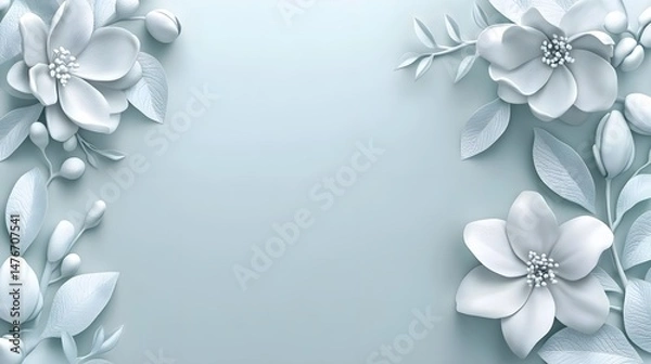Fototapeta Soft Pastel Themed Border of Leaves and Flowers in Light Colors