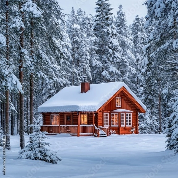 Fototapeta Snow-covered wooden cabin with warm lights shining through windows, surrounded by tall pine trees in a winter forest. Generative by AI.
