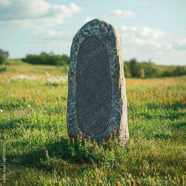 Fototapeta Standing stone engraved with intricate Norse knotwork patterns placed in grassy meadow under blue sky. Generative by AI.