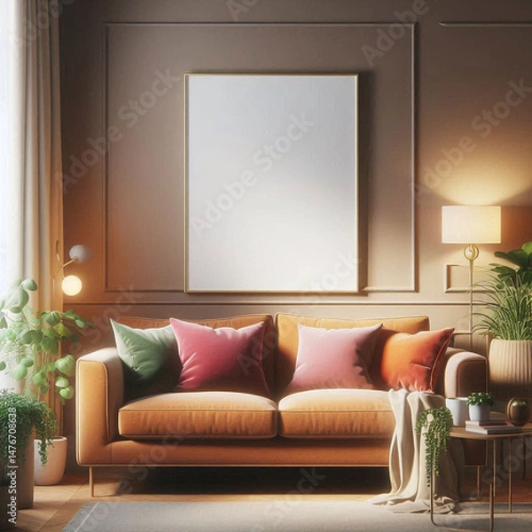 Fototapeta modern living room with fireplace and blank frame photo