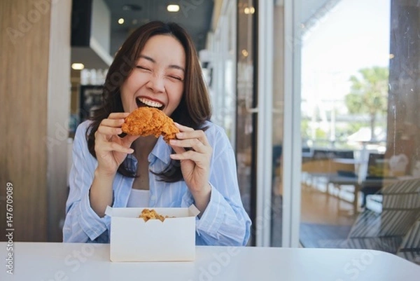 Obraz A joyful young Asian woman enjoying a piece of fried chicken at a modern restaurant. She laughs wholeheartedly, holding the crispy food.