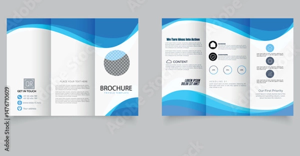 Fototapeta Modern Corporate Trifold Brochure Template with Blue Wave Design. A clean and professional trifold brochure template featuring a modern blue wave design