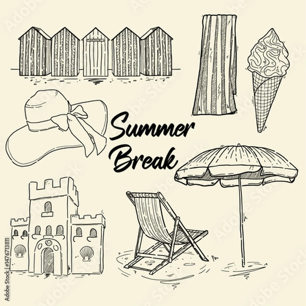 Fototapeta Ensemble d'illustrations vectorielles symbolisant les vacances, la plage et le littoral. Tourisme et repos, fichier vectoriel
