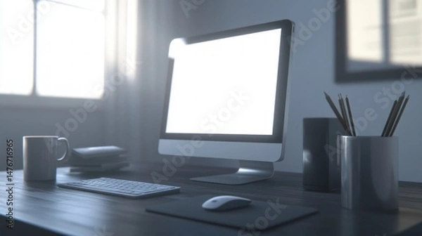 Fototapeta Modern Minimalist Workspace Setup with Computer and Neutral Tones Under Soft Window Light Featuring Clean Wooden Desk And Various Stationary In Organized Style