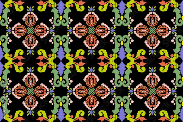 Obraz Carpet ikat floral pattern,fabric pattern on navy blue background vector illustration.Ikat ethnic oriental embroidery.Aztec style,abstract background.design for texture,clothing,decoration,carpet,rug.