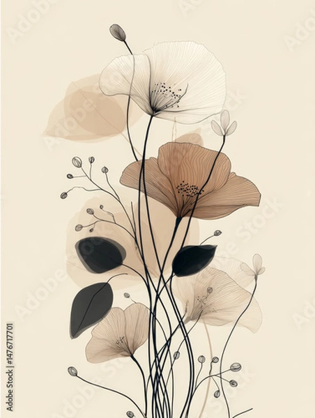 Fototapeta Contemporary art posters with bohemian aesthetics, flowers in warm light brown tones.