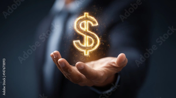 Fototapeta Hand holding glowing dollar sign, representing wealth and financial success, with dark background creating dramatic effect. This symbolizes prosperity and investment opportunities