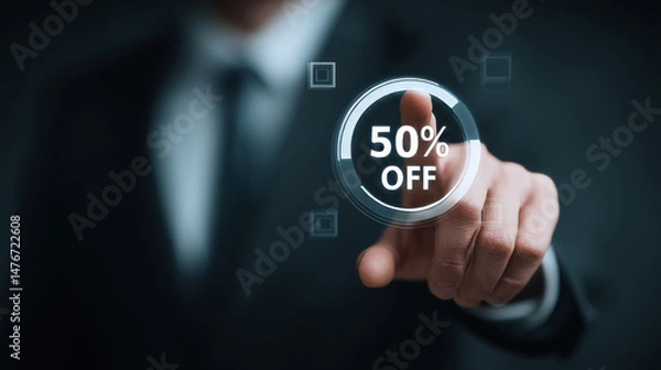 Fototapeta Businessman in suit pointing at digital discount sign displaying 50% OFF, symbolizing sales and promotions in modern, tech savvy environment
